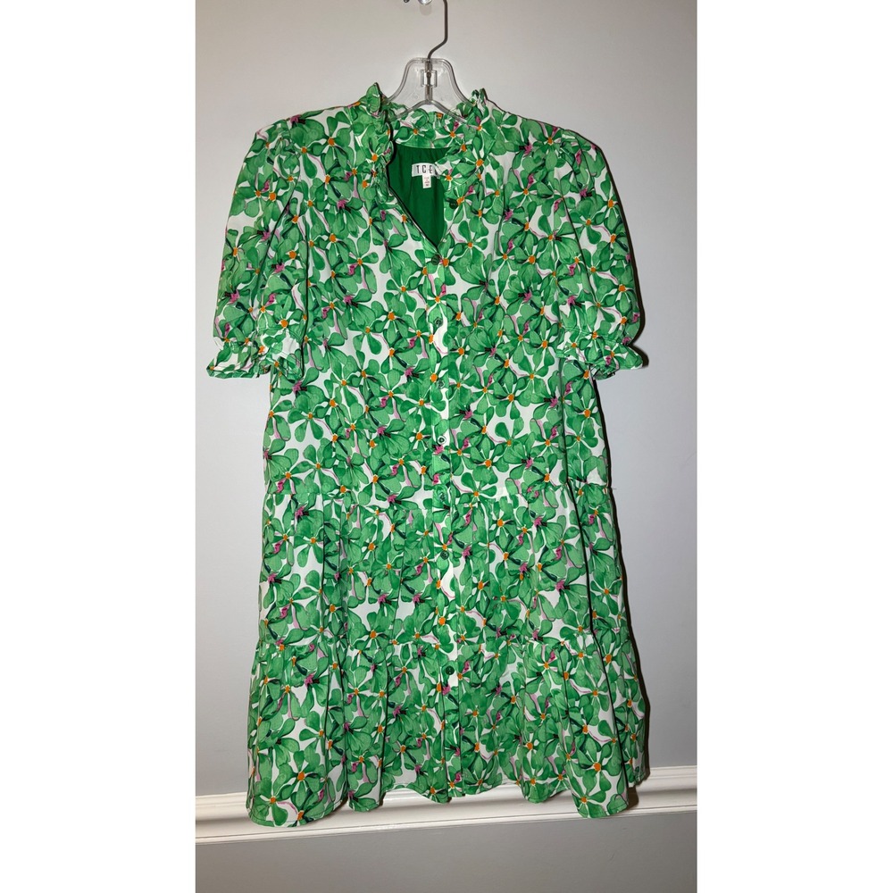 TCEC Floral Tiered Mini Dress Women Green Ruffle Neck Short Sleeve
